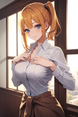 Room, Window, castle, (Ultra Detailed), Masterpiece, Best Quality, Aesthetic, Detailed, Solo, Soft Smile, Light Smile, 1 Girl, (blue eyes), (short hair), (yellow hair) , sensual, (big breasts), (shaped chest, 1 girl, different poses, (eyelashes), slender, (perferct fingers)), (perferct hands), hayasaka_ai, hair between eyes, side ponytail, ai hayasaka, BREAK black sweater, blouse, cardigan, cardigan around the waist, clothing around the waist, collared shirt, (dress shirt), long sleeves, (school uniform), shirt, (shuuchiin academy school uniform), skirt, sweater, white shirt, (hans on hips)