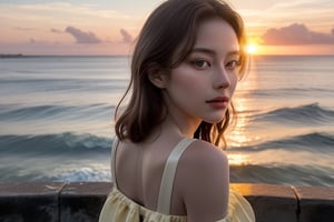 {{best quality}}, {{masterpiece}}, {{ultra-detailed}}, {illustration}, {detailed light}, {an extremely delicate and beautiful},A twenty-year-old woman novel writer, Light yellow dress, seaside, sunset,Looking back sideways,focus on face