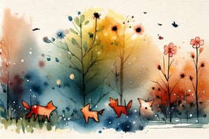 forest.orange fox,chibi,watercolor, smudge,YunQiuWaterColor