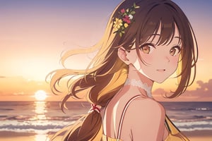 {{best quality}}, {{masterpiece}}, {{ultra-detailed}}, {illustration}, {detailed light}, {an extremely delicate and beautiful},A twenty-year-old woman novel writer, Light yellow dress, seaside, sunset,Looking back sideways,focus on face,Close eyes, happy_valentine,photorealistic,girl