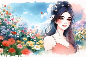 a woman,rainbow,garden,watercolor, smudge,YunQiuWaterColor
