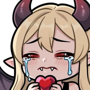 sad , crying , tears ,  Sleepy , tired , Eyes closed  , shut  , Dozing off , sexy , hentai ,  Emote ,  high quality, high res , highly detailed face, white background, chibi , 1girl , solo , cute face , blonde hair , vampire , dark , wings , evil , red eyes , devil , black horn , red heart crystal pin , twitch , fangs , long bangs , magenta highlight hair , kawaii , sexy