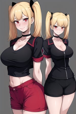 masterpiece, best quality, (solo:1.3), 1girl,arms behind back,gigantic_breasts, looking at viewers, bodysuit, black crop jacket ,blonde,two_tone_hair,smile,cleavage , night, twin_tails,choker ,red open jacket ,short sleeves, shorts ,midriff ,zoom layer