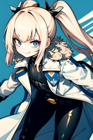 masterpiece, best quality, solo,laplace, walking, hair ornament, white coat, belt, black bodysuit, fur trim, gloves, looking_at_viewer, lolita, smile, leaning forward, close-up , flat_chest, {{mesugaki}}, from_side,portrait