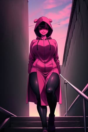 masterpiece, best quality, (solo:1.3), 1girl, walking on stairs,gigantic_breasts, arms behind back,dusk,stairs,red_eyes,black_hair,red raincoat cover body, from below,smile,black legswaer,hood up,