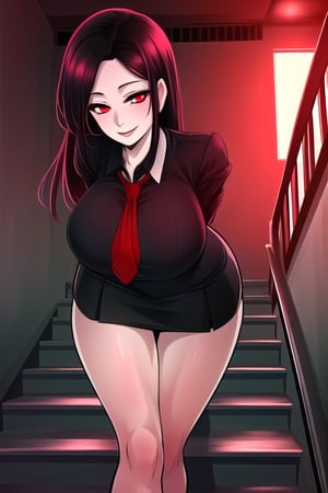 masterpiece, best quality, (solo:1.3), 1girl, walking on stairs,gigantic_breasts, arms behind back,dusk,stairs,red_eyes,black_hair,very long_hair ,black skirt, floating_hair,long_sleeves, from below,leaning_forward,curvy,smile,red_eyes,neck_tie,legswaer