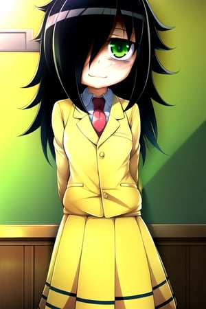 masterpiece, best quality, (solo:1.3), 1girl , arms behind back,looking_at_viewer,long hair, black-hair,hair over in one eye,school uniform, classroom,bags under eyes,loli,red necktie,naughty_face, yellow jacket,yellow long skirt ,green-eyes,messy_hair,watamote,tomoko