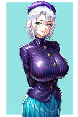 masterpiece, best quality, (solo:1.3), 1girl, gigantic_breasts, arms behind back,looking_at_viewer,OrimotoIzumi,  blue horizontal striped, shirt, green eyes, purple  skirt, tomboy,smile,beret