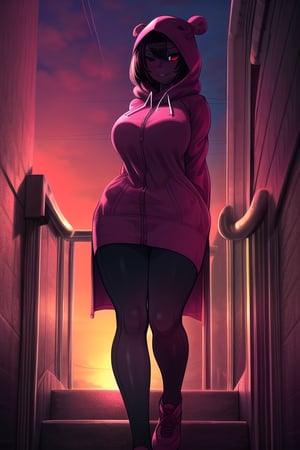 masterpiece, best quality, (solo:1.3), 1girl, walking on stairs,gigantic_breasts, arms behind back,dusk,stairs,red_eyes,black_hair,red raincoat cover body, from below,smile,black legswaer,hood up,