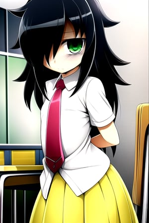 masterpiece, best quality, (solo:1.3), 1girl , arms behind back,looking_at_viewer,long hair, black-hair,hair over in one eye,school uniform, classroom,bags under eyes,loli,red necktie, white_shirt,yellow long skirt ,green-eyes,messy_hair,watamote,tomoko