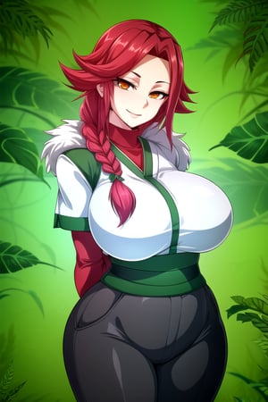 masterpiece, best quality, (solo:1.1), 1girl , arms behind back,looking_at_viewer, fur top,black long pants,gigantic_breasts,red_hair, single braid, fern forest background,symmetrical,in green and red style,obi,smile,curvy,short_sleeves,