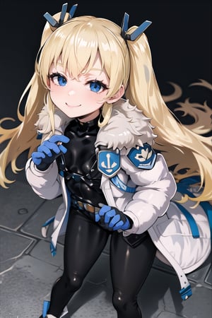 masterpiece, best quality, laplace, hair ornament, white coat, belt, black bodysuit, fur trim, gloves, blue boots, lolita, smile, leaning forward, city street, close-up , from above, look up,yaeba