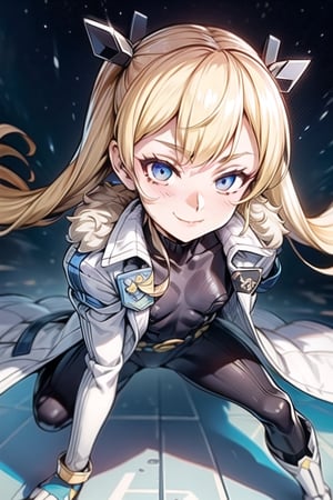 masterpiece, best quality, solo,laplace, 1girl,hair ornament, white coat, belt, black bodysuit, fur trim, gloves,smug,  blue boot,looking_at_viewer, lolita, smile, leaning forward, close-up , flat_chest, {{mesugaki}},portrait,stars_(sky), blue boots