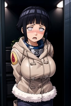 masterpiece, best quality, (solo:1.3), 1girl,  gigantic_breast, arms behind back, ( in glass  showcase),looking_at_viewer,hyuuga hinata,black hair, short hair, white eyes, no pupils, coat, forehead protector, fur trim, konohagakure symbol, long sleeves, pant, blush,open mouth,