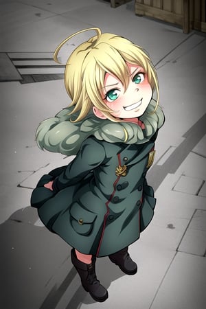 masterpiece, best quality, solo, loli, minigirl, 1girl,looking at viewer, arms behind back, head_tilt, from above, green fur-trimmed coat, Modern Military Uniform, Long Boots, evil grinning,ahoge, 