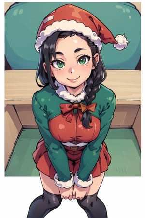 masterpiece, best quality, solo girl , from above,learning forward, forehead, looking at viewers,smile,christmas_hat,fur coat,black_hair,pov ,long braid, in red and green style,