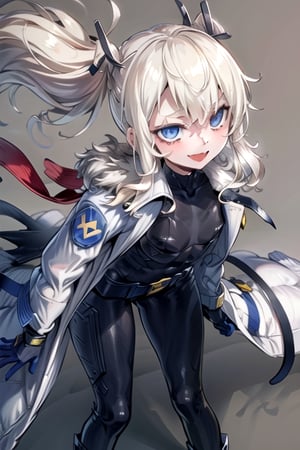 masterpiece, best quality, solo,laplace, 1girl,walking, hair ornament, white coat, belt, black bodysuit, fur trim, gloves, blue boot,looking_at_viewer, lolita, smile, leaning forward, close-up , flat_chest, {{mesugaki}}, from_side,portrait,stars_(sky)