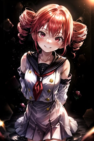 masterpiece, best quality, (solo:1.3), ,looking_at_viewer, arms behind back,leaning_forward,drill_hair,detached_sleeves, drill hair, black sailor suit, neck_tie,red_hair,red_eyes,pointy_teeth, smile,closed_mouth,kasane teto,belt,in bubble and water style ,teto,twin drill hair,off_shoulders,