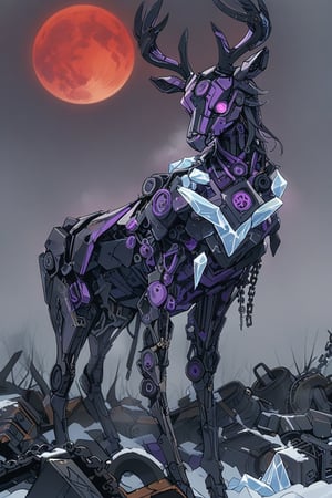 masterpiece, best quality, solo,looking at viewer, 1 femot, (deer head ),(appears to be made of various ice , metal parts , purple smoke,and chains,mechanical appearance:1.2), in snowfield, breasts, in brown and black style, night, red moon