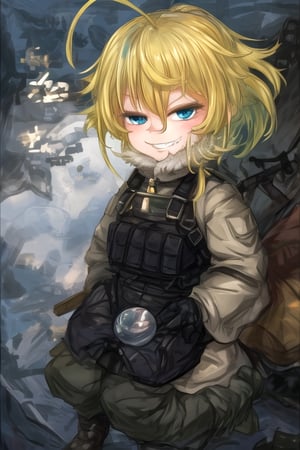 masterpiece, best quality, solo, loli, minigirl, 1girl,looking at viewer, arms behind back, loli,head_tilt, from above, green fur-trimmed coat, Modern Military Uniform, Long Boots, evil grinning,ahoge, blue eyes,in winter, short hair,