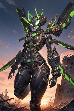 masterpiece, best quality, (solo:1.1), 1girl ,in black and green style, fusion of pig and mask,  belt,dusk , floating coat,  mechanical body,look up at the sky,symmetric clothing,  in ruins,Nanosuit exoskeleton