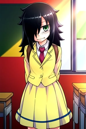 masterpiece, best quality, (solo:1.3), 1girl , arms behind back,looking_at_viewer,long hair, black-hair,hair over in one eye,school uniform, classroom,bags under eyes,loli,red necktie,naughty_face, yellow jacket,yellow long skirt ,green-eyes,messy_hair,watamote,tomoko