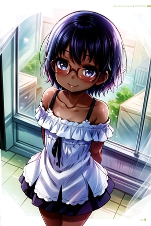 masterpiece, best quality, solo, loli, minigirl, 1girl,in room corner,looking at viewer, off_shoulder,arm behind back, from above,in black and blue style, black hair,short_hair , smile , dress, look up ,glasses, dark skin,pov_hands