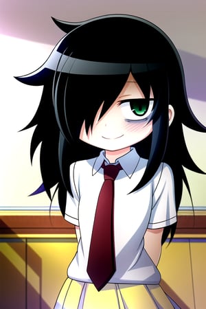 masterpiece, best quality, (solo:1.3), 1girl , arms behind back,looking_at_viewer,long hair, black-hair,hair over in one eye,school uniform, classroom,bags under eyes,loli,red necktie, white_shirt,yellow long skirt ,green-eyes,messy_hair,watamote,tomoko,smile, from above,mini_girl,