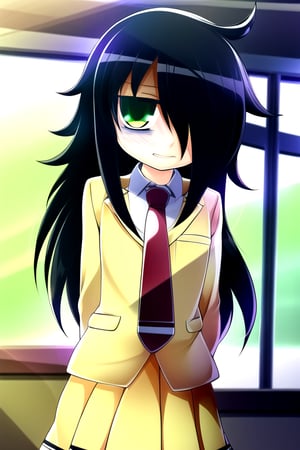 masterpiece, best quality, (solo:1.3), 1girl , arms behind back,looking_at_viewer,long hair, black-hair,hair over in one eye,school uniform, classroom,bags under eyes,loli,red necktie,naughty_face, yellow jacket,yellow long skirt ,green-eyes,messy_hair,watamote,tomoko