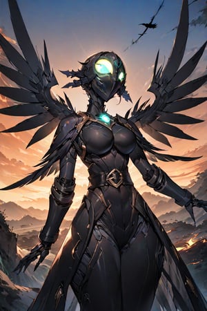 masterpiece, best quality, (solo:1.1), 1girl ,in brown and black style, (fusion of crow and mask:1.1),  belt,eyes glowing, dusk , floating coat with wings,  mechanical body,look up at the sky,symmetric clothing