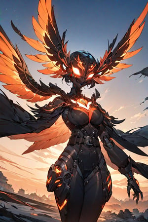 masterpiece, best quality, (solo:1.1), 1girl ,in brown and black style, (fusion of beak and mask:1.1),  belt,eyes glowing, dusk , floating coat with wings,  mechanical body,look up at the sky,symmetric clothing