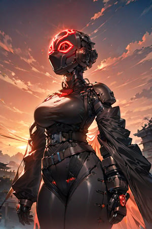 masterpiece, best quality, (solo:1.1), 1girl ,in brown and black style, (fusion of pig and mask:1.1),  belt,eyes glowing, dusk , floating coat ,  mechanical body,look up at the sky,asymmetric clothing