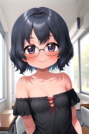 masterpiece, best quality, solo, loli, minigirl, 1girl,in room corner,looking at viewer, off_shoulder,arm behind back, from above,in black and blue style, black hair,short_hair , smile , dress, look up ,glasses, dark skin,pov_hands