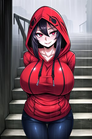 masterpiece, best quality, (solo:1.3), 1girl, gigantic_breasts, arms behind back,raining,dusk,stairs,red_eyes,black_hair,red raincoat cover bodysmile,black legswaer,hood up,looking_at_viewer,