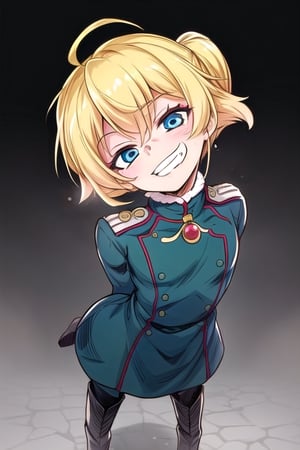 masterpiece, best quality, solo, loli, minigirl, 1girl,looking at viewer, arms behind back, head_tilt, from above, green fur-trimmed coat, Modern Military Uniform, Long Boots, evil grinning,ahoge, blue eyes,