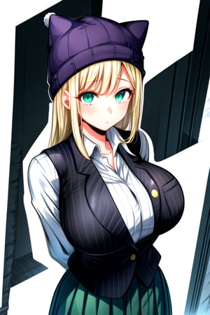 masterpiece, best quality, (solo:1.3), 1girl, gigantic_breasts, arms behind back,looking_at_viewer,OrimotoIzumi,  purple vest,horizontal striped shirt, beanie, cat hat, green eyes, purple  skirt, blonde,