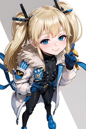 masterpiece, best quality, laplace, hair ornament, white coat, belt, black bodysuit, fur trim, gloves, blue boots, lolita, smile, leaning forward, city street, close-up , from above, look up,yaeba