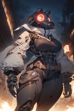 masterpiece, best quality, (solo:1.1), 1girl ,in brown and blue style, (fusion of pig head and gas mask:1.1),(mechanical suit:1.1),  belt,eyes glowing, night,  muscular , floating coat ,  mechanical arms,