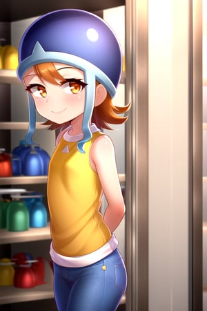 masterpiece, best quality, (solo:1.3), 1girl in glass case, arms behind back,looking_at_viewer, orange_hair, smile,SoraDef, orange eyes, sleeveless, shirt, jeans, helmet, short hair,yellow shirt,loli,