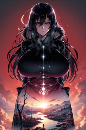 masterpiece, best quality, (solo:1.3), 1girl,arms behind back,gigantic_breasts,full dress,long_sleeves,fur_trim coat, black_hair,ice cubes,silhouette