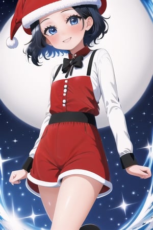 masterpiece, best quality, night, little girl, solo, black hair, in Santa style, looking at viewer, blue eyes, white hat, red collared shirt  , black long sleeve, white high - waist shorts, short hair, smile , black stockings,High detailed 