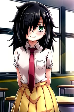 masterpiece, best quality, (solo:1.3), 1girl , arms behind back,looking_at_viewer,long hair, black-hair,hair over in one eye,school uniform, classroom,bags under eyes,loli,red necktie, white_shirt,yellow long skirt ,green-eyes,messy_hair,watamote,tomoko,smile, from above,mini_girl,