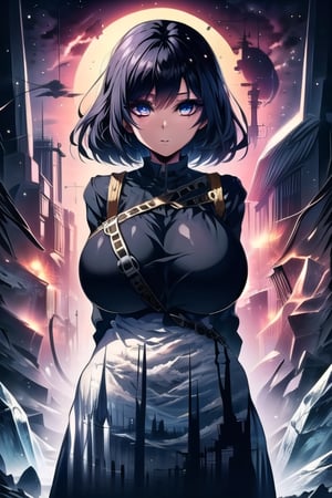 masterpiece, best quality, (solo:1.3), 1girl,arms behind back,gigantic_breasts,full dress,long_sleeves, black_hair,ice cubes,silhouette, short_hair, 