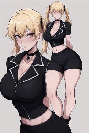 masterpiece, best quality, (solo:1.3), 1girl,arms behind back,gigantic_breasts, looking at viewers, bodysuit, black crop jacket ,blonde,two_tone_hair,smile,cleavage , night, twin_tails,choker ,red open jacket ,short sleeves, shorts ,midriff ,zoom layer