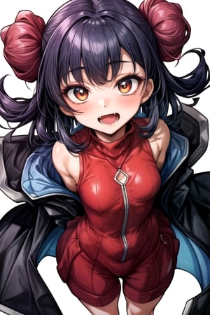 masterpiece, best quality, solo, loli, minigirl, 1girl,looking at viewer,  skin fang, arms behind back, off_shoulder,transparent coats,sleeveless turtleneck, in red and blue style, black_hair,  open mouth, jitome,from above, 