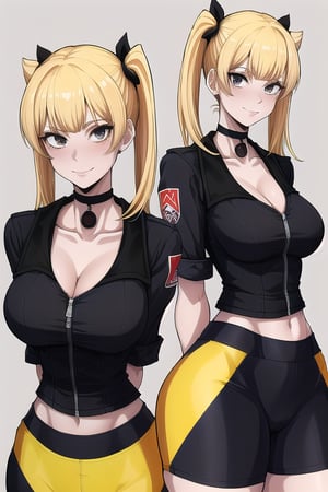 masterpiece, best quality, (solo:1.3), 1girl,arms behind back,gigantic_breasts, looking at viewers, bodysuit, black crop jacket ,blonde,two_tone_hair,smile,cleavage , night, twin_tails,choker ,red open jacket ,short sleeves, shorts ,midriff ,zoom layer