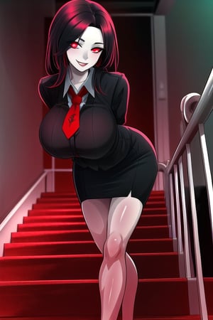 masterpiece, best quality, (solo:1.3), 1girl, walking on stairs,gigantic_breasts, arms behind back,dusk,stairs,red_eyes,black_hair,long_hair ,black skirt, floating_hair,long_sleeves, from below,leaning_forward,curvy,smile,glowing eyes,red_eyes,neck_tie