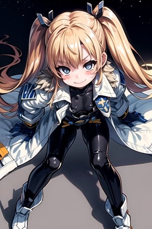 masterpiece, best quality, solo,laplace, 1girl,hair ornament, white coat, belt, black bodysuit, fur trim, gloves, blue boot,looking_at_viewer, lolita, smile, leaning forward, close-up , flat_chest, {{mesugaki}},portrait,stars_(sky), blue boots