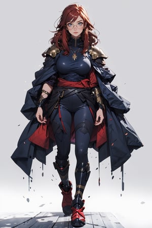 A beautiful 25 year old woman, solo, red hair, hazel eyes, She has a body of a fitness model, big breasts, glasses, joyful look, (furius), happy, hourglass body shape, slim waist, ((full-body_portrait)), navy blue color armor, armor foot, armor hands and shouder, armor head, armor breast, injuries, battle_stance, serious face,FlammeFrieren,midjourney