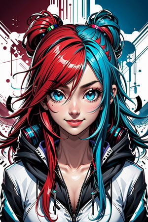 masterpiece, 8k, 1girl, (two tones hair) red HAIR, blue hair, long hair, blue EYES, (GLOWING EYES: 1.1), smile,design,abstract,graffiti,Grt2c, ,High detailed 
